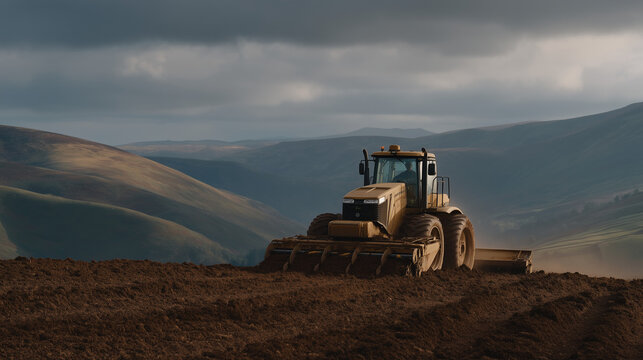 Gene edited blight resistant potato crop being harvested on a hillside field, an elderly farmer driving a two-row harvester, tubers tumbling across a sorting web conveyor, overcast dramatic sky thro