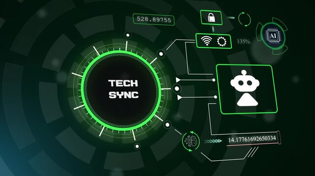 Modern tech sync dashboard with robotic icon for automated system coordination and advanced technological integration, hud animation