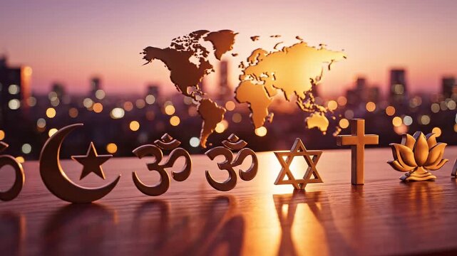 Religious Symbols with World Map Animation on City Background for Global Unity and Spiritual Concepts