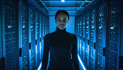 Fototapeta premium Confident female IT professional in a modern data center with glowing blue server racks. Ideal for cybersecurity, cloud computing, and advanced technology infrastructure visuals.