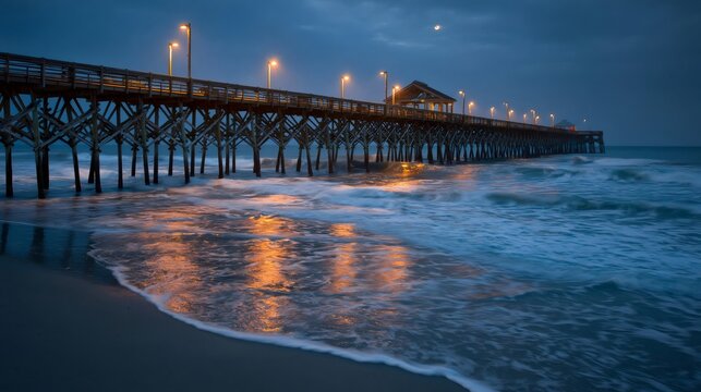Wooden pier with lights illuminating ocean waves at twilight