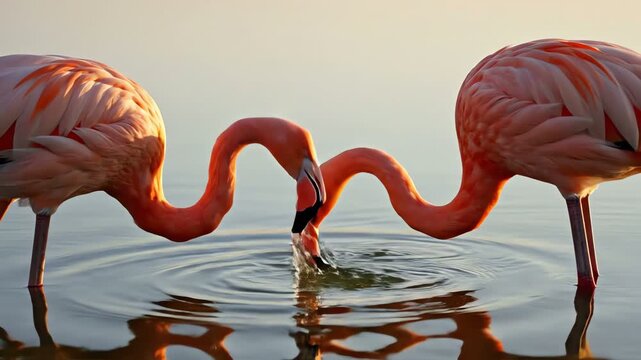 Two pink flamingos dipping heads into water for food at sunset