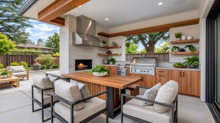 Naklejka premium Modern outdoor kitchen patio with fireplace and grill