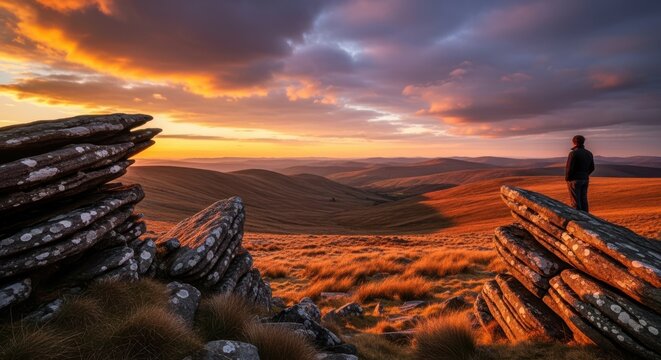 Lone hiker standing on rocky hilltop overlooking vast rolling landscape at sunset