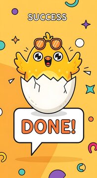 Vibrant illustration of a newly hatched cartoon chick wearing cool sunglasses, joyfully marking achievement and successful completion with celebratory elements and a positive message