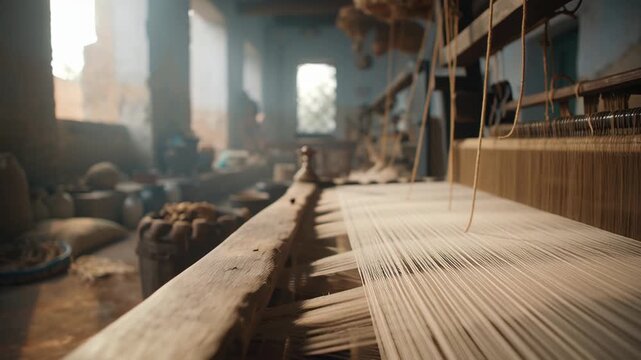 Traditional wooden loom with lit oil lamp in rustic workshop representing the craft and legacy of Sant Kabir.