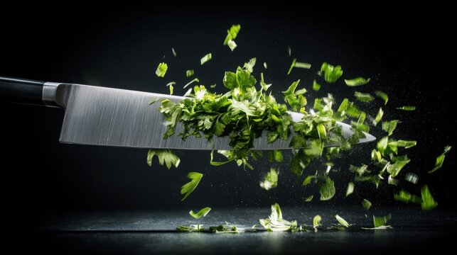 fast cutting herbs with sharp knife motion blur green fragments flying professional cooking action realism