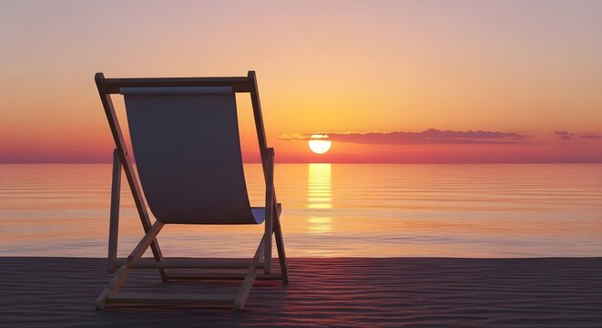 empty wooden deck chair facing ocean sunset with warm golden glow on beach