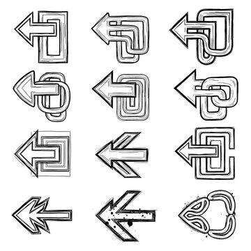 Distressed hand-drawn sketch arrow symbols for directional graphics and creative projects, showcasing a unique and rustic aesthetic