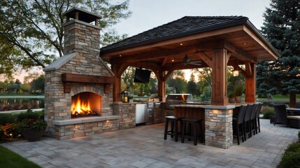 Naklejka premium Luxury backyard living space with outdoor kitchen and fireplace