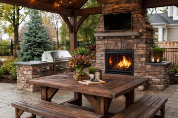 Naklejka premium Outdoor living space with fireplace and kitchen patio