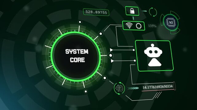 Powerful system core engine interface with robotic icon for automated hardware monitoring and technical performance oversight, hud animation