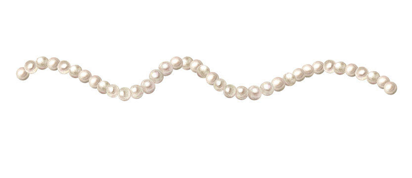 Watercolor wavy pearl garland, white beads string isolated on transparent background
