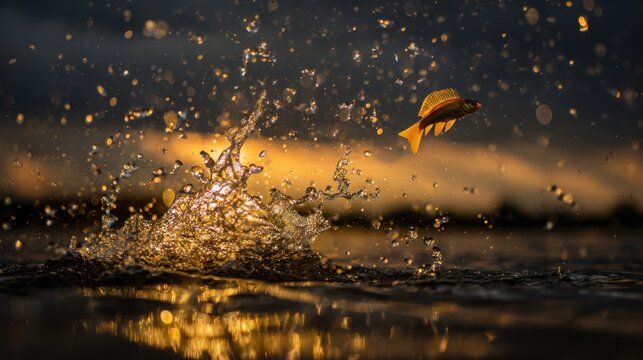 fish jumping out of water at sunset, water splash frozen motion, cinematic wildlife photography, dramatic lighting