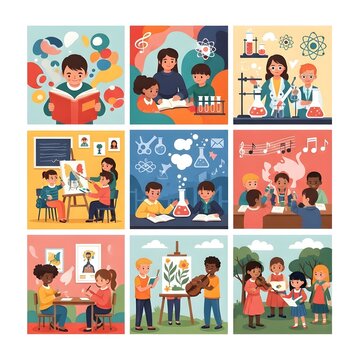Vibrant collection of children engaged in diverse educational and creative activities fostering learning and imagination