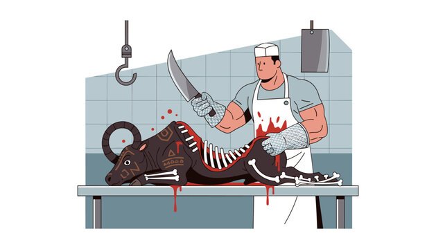 Butcher in apron and gloves cutting carcass of stylized bull with large knife, blood splatters, dark abstract symbols on skin.