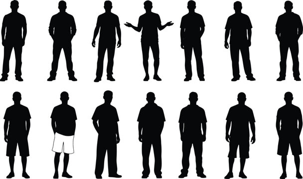 Black silhouette illustration of fourteen standing human figures in casual stances, arranged in two rows, representing posture, diversity, fashion, movement and body outline concept