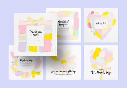 Mothers Day Social Media Posts with Torn Pastel Paper Shapes