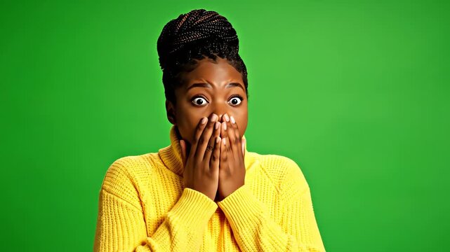 Young Black Woman with Braids Looking Sideways with Surprise on Green Screen