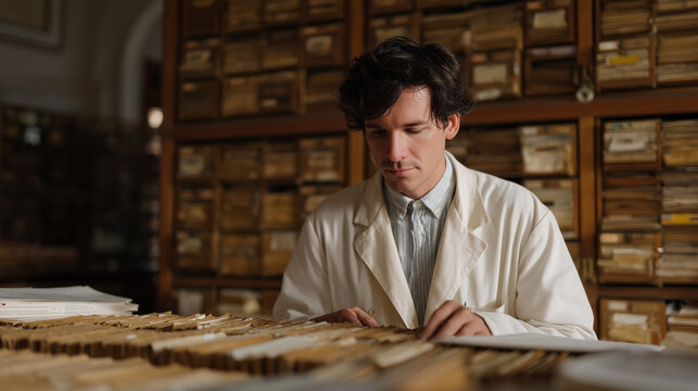 Longitudinal epigenetics cohort study researcher reviewing decades of participant methylation data in university archive room, single academic surrounded by filing cabinets and printed longitudinal 