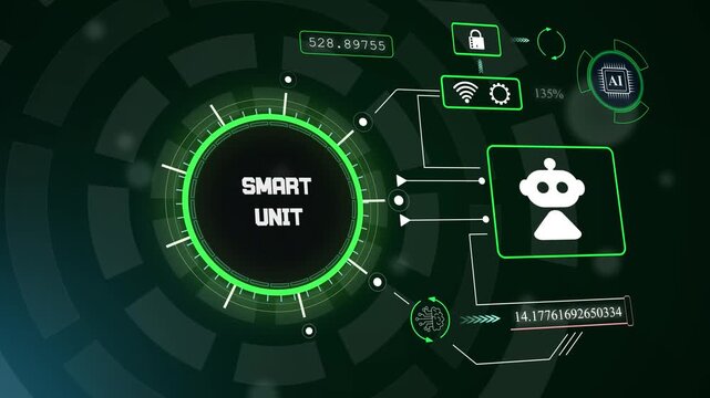High-tech digital screen featuring automated robotic icon for professional smart unit analytics and technology monitor visualization, hud animation