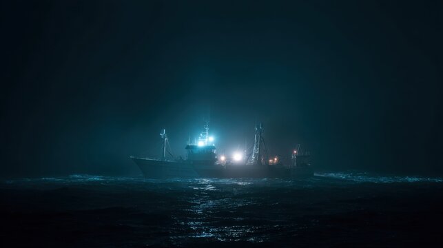 fishing trawler at night with strong floodlights in open ocean, cold blue darkness, cinematic industrial fishing scene