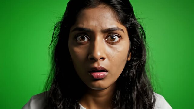Young woman's shocked expression on green screen background