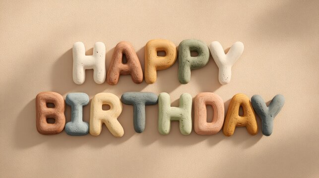 Soft clay letters spell "Happy Birthday." Pastel tones create warm, celebratory feel. Each letter has gentle texture and subtle shadows. Perfect for birthday cards, party invitations
