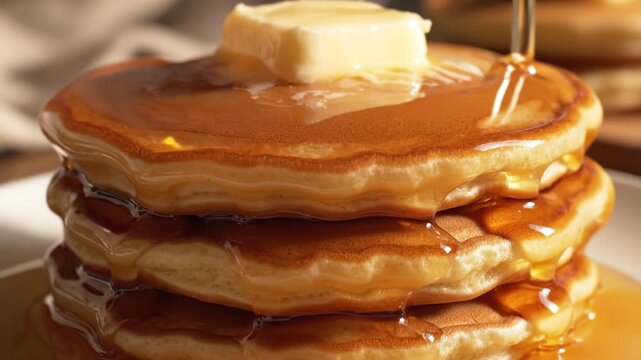 Fluffy pancake stack with melting butter and golden syrup dripping down, close up of breakfast food showing sweet, warm, golden brown texture and rich syrup pouring on top