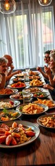 Obraz premium Crisp plates of colorful food on table as friends laugh and chat, multicultural, social