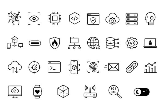 Internet computer web icons in line style. Cloud technology, data center, connection network, digital service, database platform, collection. Editable stroke. Vector illustration.
