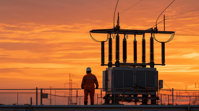 Transformer substation at dusk with high-voltage equipment silhouetted against amber sky, utility technician in arc-flash suit inspecting insulator strings on power transformer, warning signs and gr