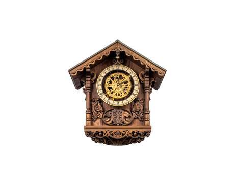 An antique vintage-style wooden wall clock with a gold dial and pendulum sits on a white background.