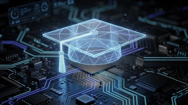 A digital graduation cap overlaying a circuit board, symbolizing the intersection of education and technology.