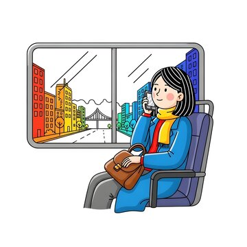 A young woman enjoys her daily urban commute, observing a vibrant cityscape and colorful architecture from the window of her train or bus while engaging in a phone conversation