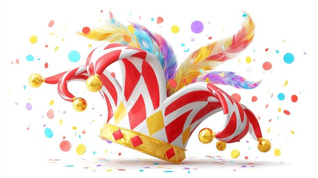 Colorful jester hat gleams with festive joy. Feathers dance above, bright and playful. Golden bells jingle, inviting celebration. Confetti bursts around, full of cheer. Perfect for parties, events