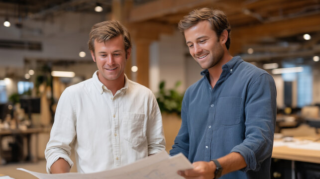 Patent filing attorney and biotech startup founder review claims language in a corner office of a shared co-working space, printed PCT application spread across a standing desk as they debate broade