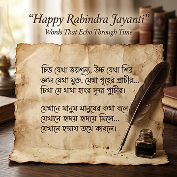 Vintage parchment with rabindranath tagore quotes on happy rabindra jayanti celebration