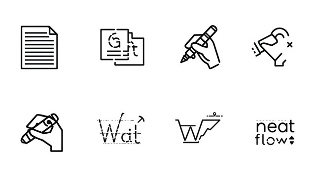 Writing Icons Collection: A set of clean, minimalist icons, each depicting a different aspect of writing, crafting a visual language of creation and communication.