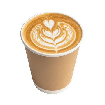Creamy Latte Art Coffee in Paper Cup with Heart Design isolated on transparent background
