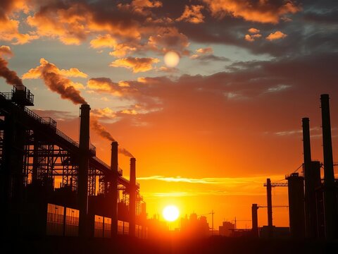 Industrial factory complex silhouette at sunset, complex, architecture