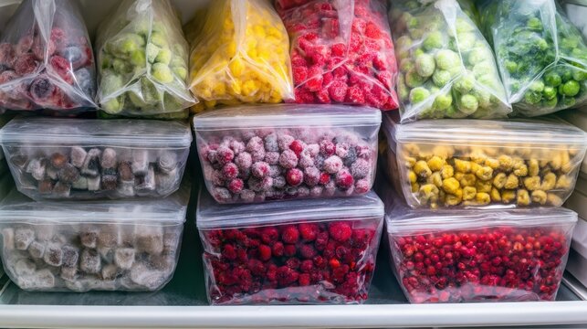 frozen vegetables and berries in labeled zip bags organized freezer home storage realistic detail