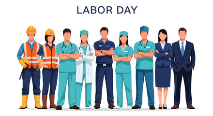 Fototapeta premium Diverse workers stand together in this vector illustration, representing various professions for International Labor Day, set against a clean white background with a celebratory mood