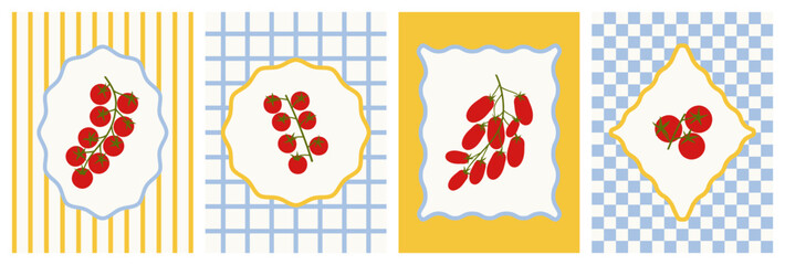 Collection of four vertical tomato cards with branches of tomatoes. Decorative frames on striped, grid and solid yellow backgrounds. Flat vector style for prints, posters, packaging and food branding. © Анна Шевчук