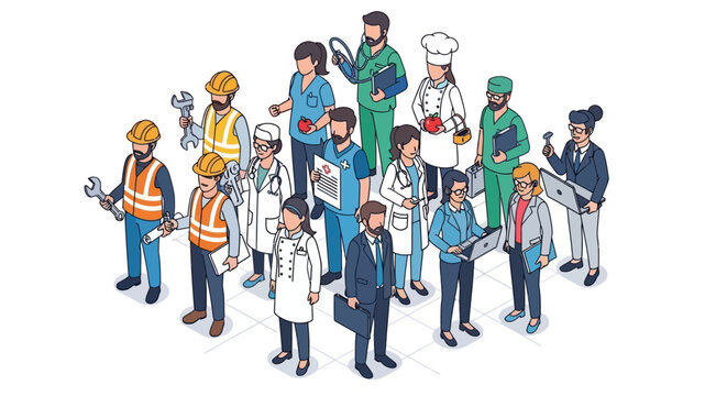 Isometric vector art showcases a diverse group of workers representing various professions, including medical staff, construction workers, and chefs, arranged on a clean white background