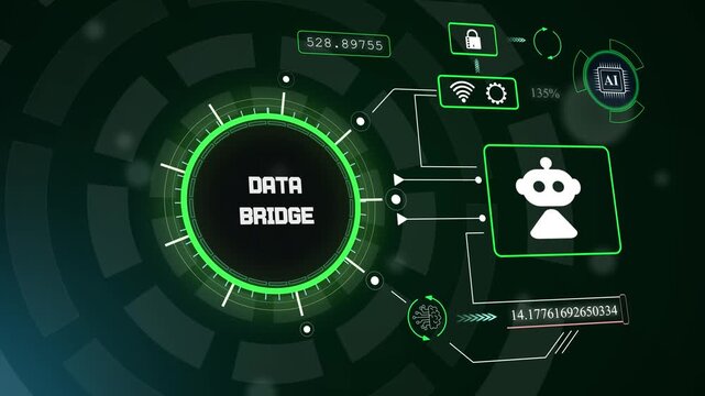 Modern data bridge interface for automated network connection and technical information transfer featuring robotic assistant, hud animation