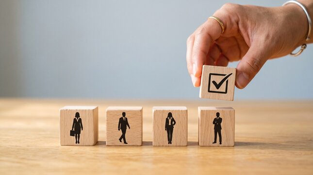 Selection and Assessment: A person selects a block featuring a checkmark symbol, strategically choosing a candidate for consideration