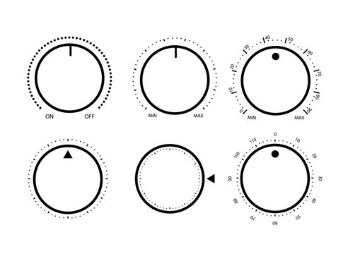 Adjustment dial. Rotary dials with round scale volume level knob and round controller