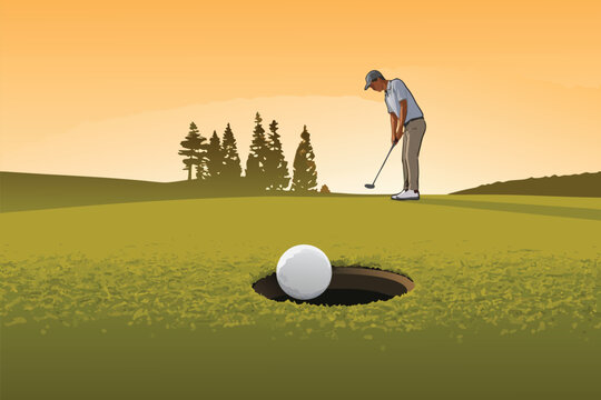 Golf ball rolling towards the hole on a green field.