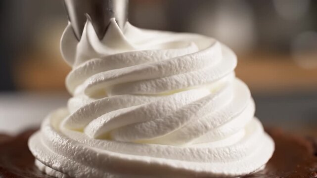 Whipped cream dessert topping piped in smooth creamy swirl pattern creating inviting texture and rich white food decoration enhancing visual appeal for sweet treats delight